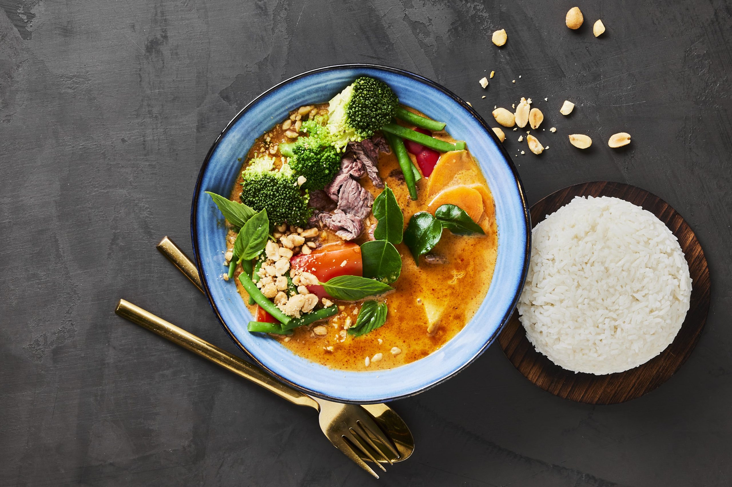Thai red curry with beef, vegetables and jasmine rice
